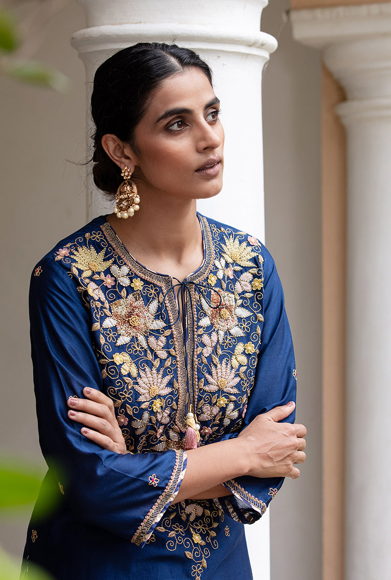 Blue Applique Classic Yoke Baano Kurta Set