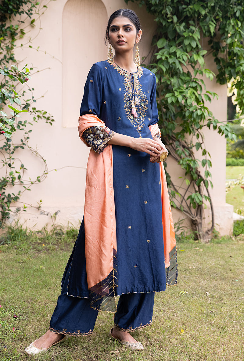 Blue Light Yoke Applique Baano Kurta Set