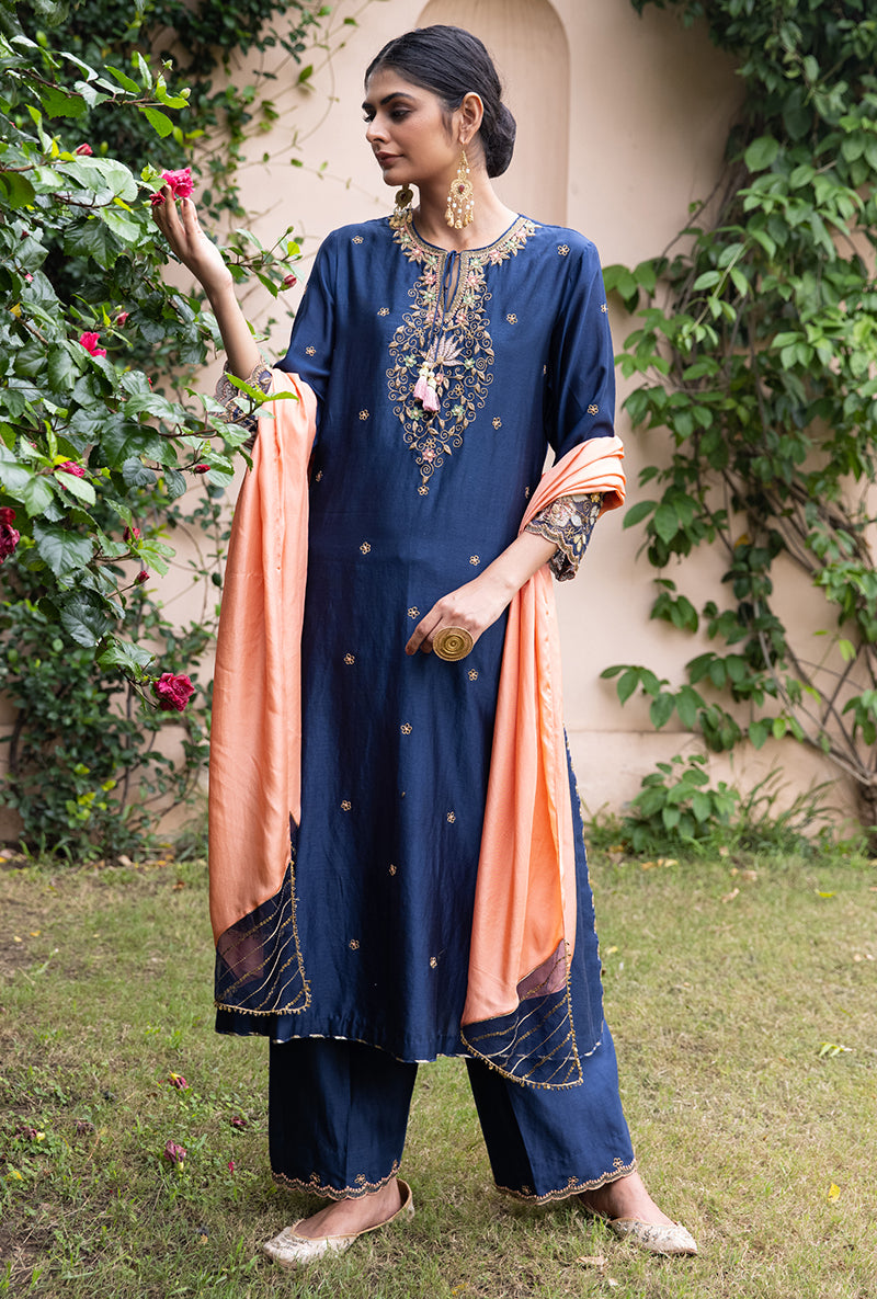 Blue Light Yoke Applique Baano Kurta Set