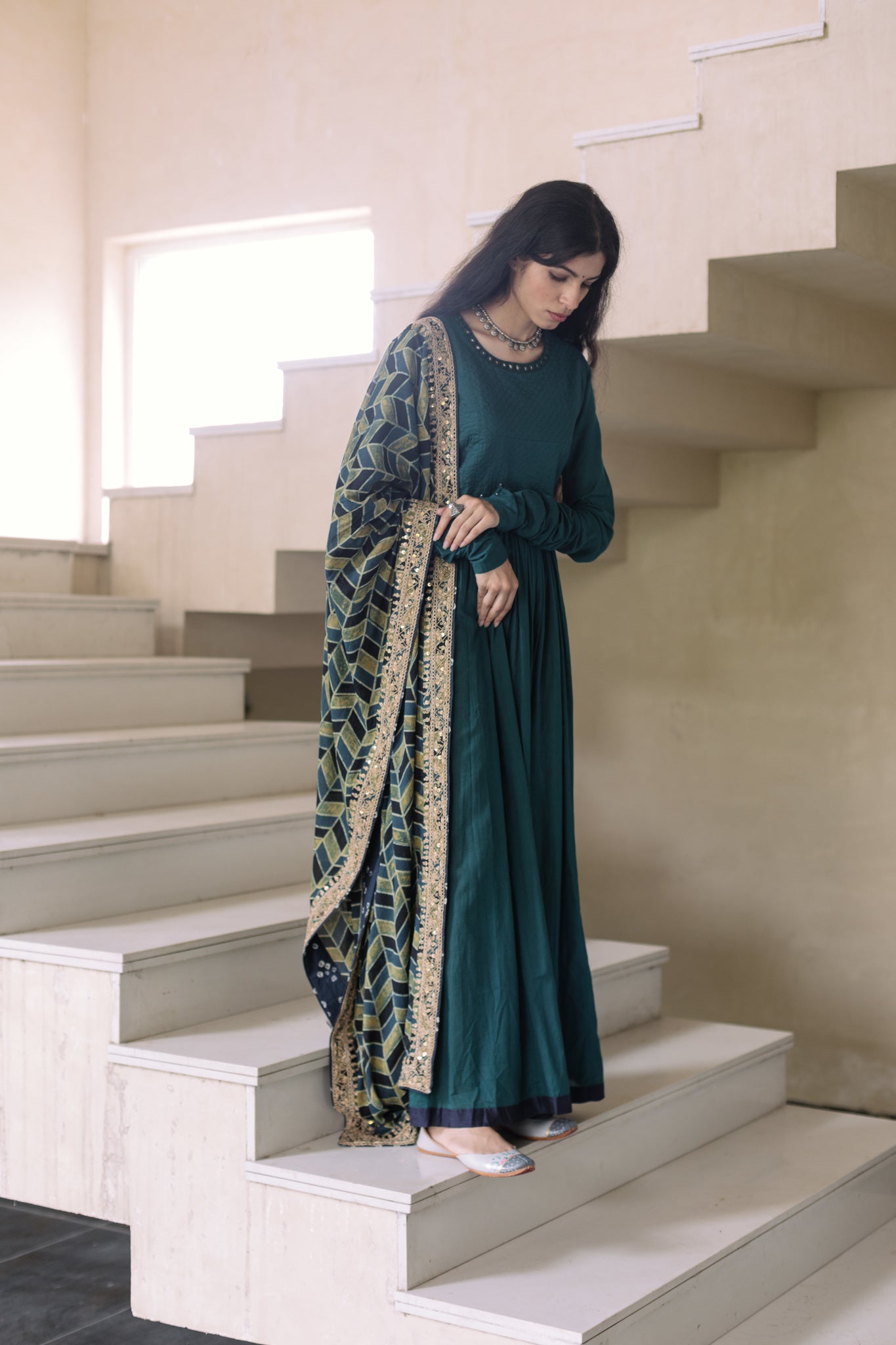 Bottle Green Ajrakh Dupatta Set