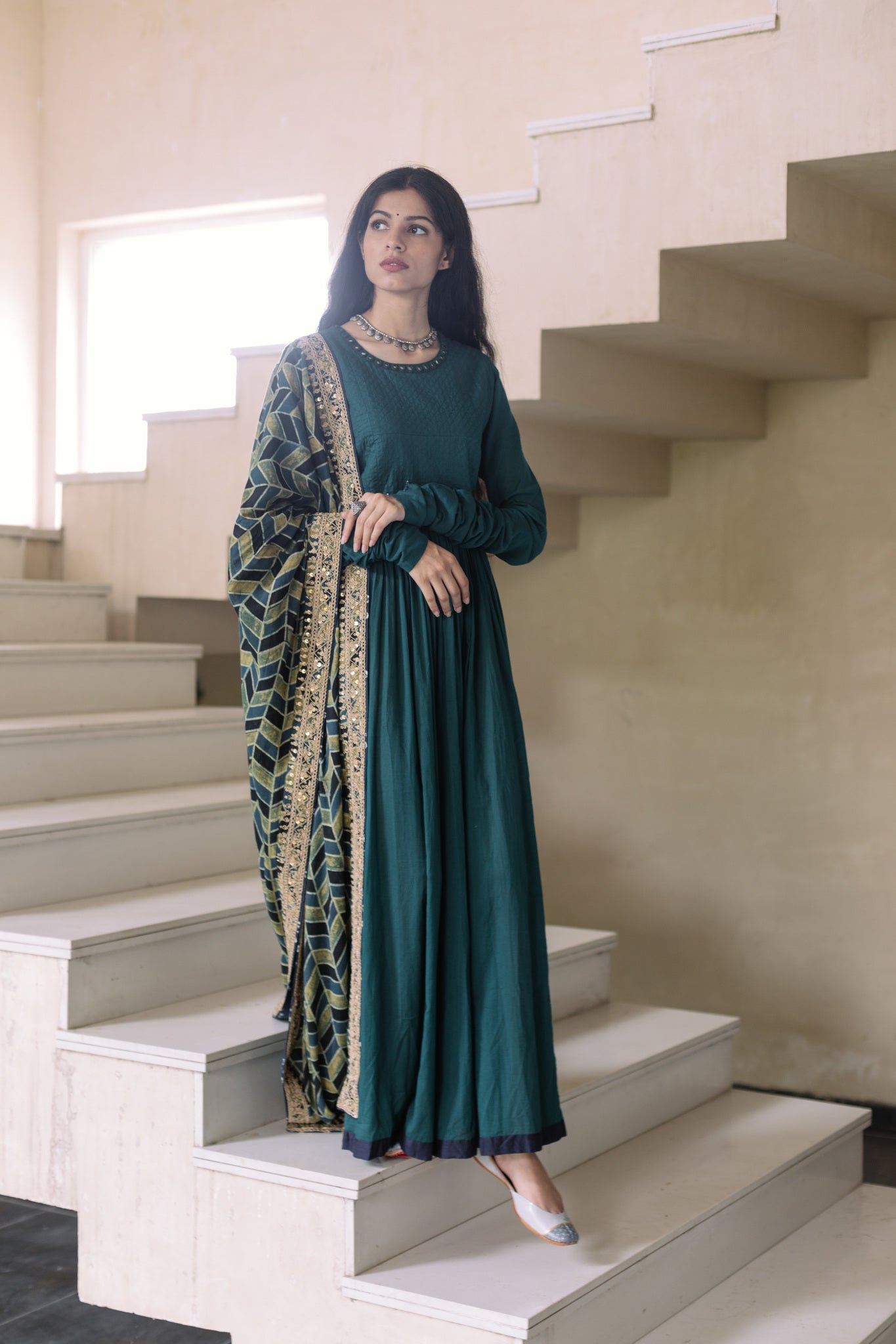 Bottle Green Ajrakh Dupatta Set