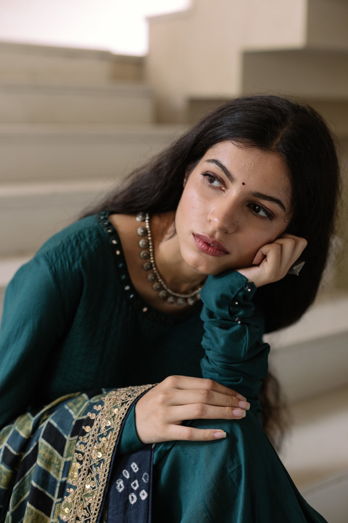 Bottle Green Ajrakh Dupatta Set