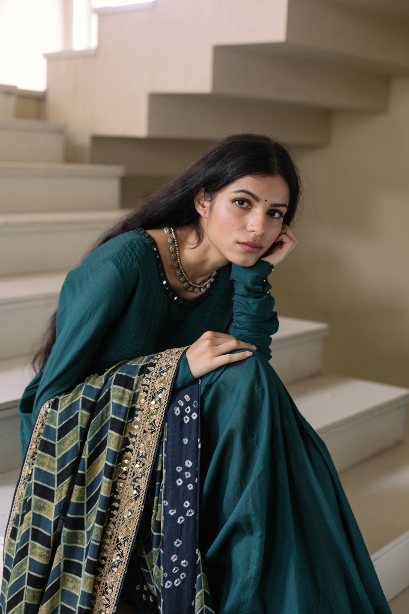 Bottle Green Ajrakh Dupatta Set