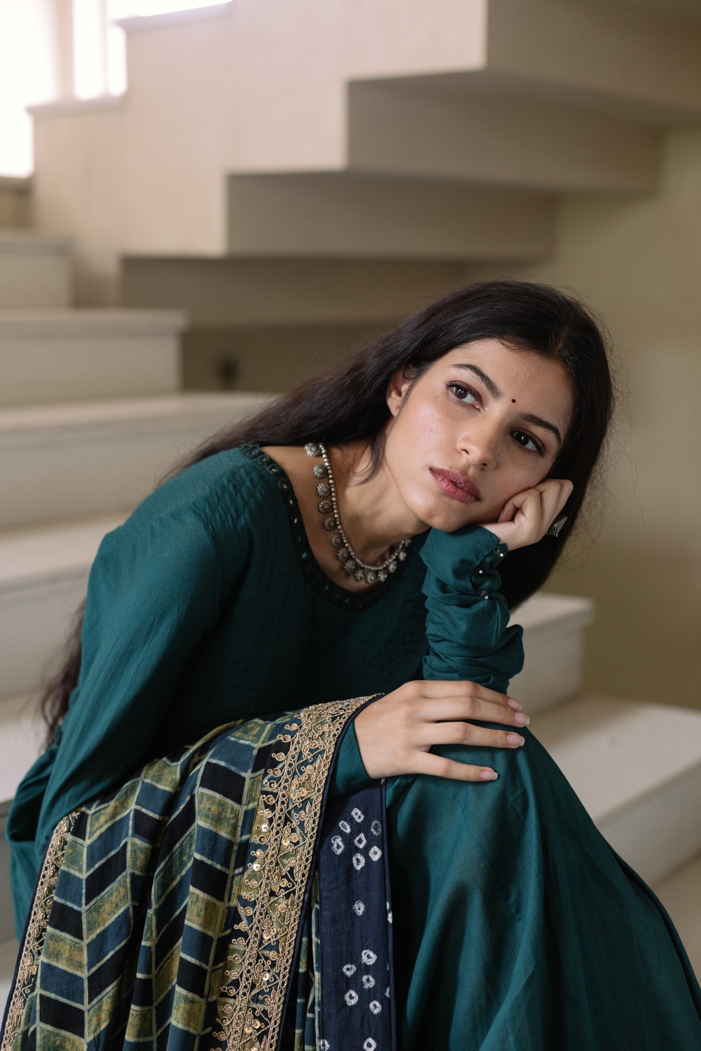 Bottle Green Ajrakh Dupatta Set