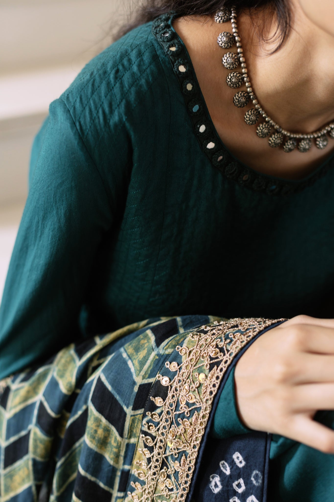 Bottle Green Ajrakh Dupatta Set