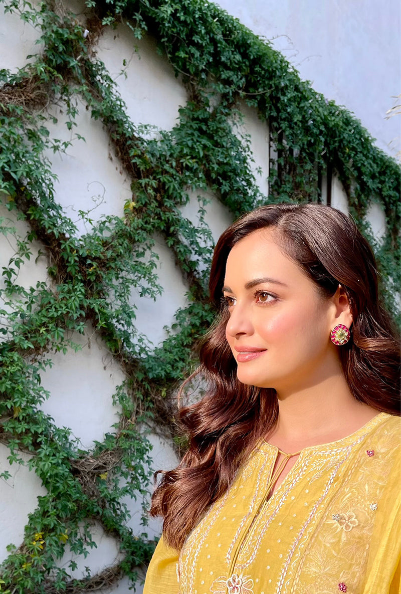 Dia Mirza In Yellow Thread Jaal Square Neck Aafreen Kurta Set