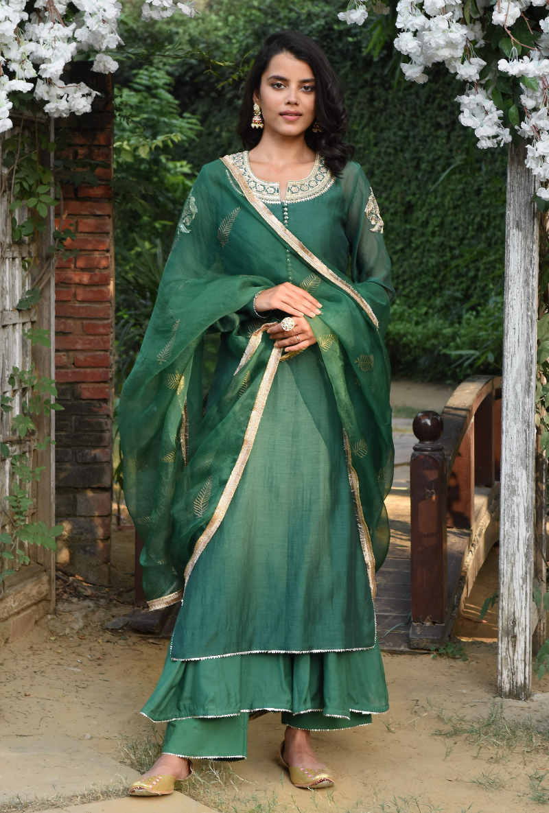 Green Bird Motif Kurta Set