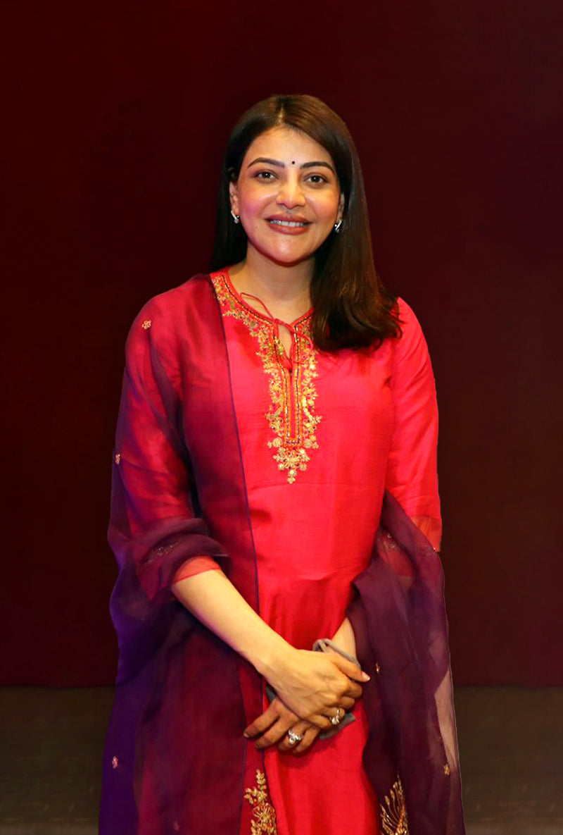 Kajal Aggarwal In Rani Pink Leaf Jaal Farshi Ulfat Kurta Set