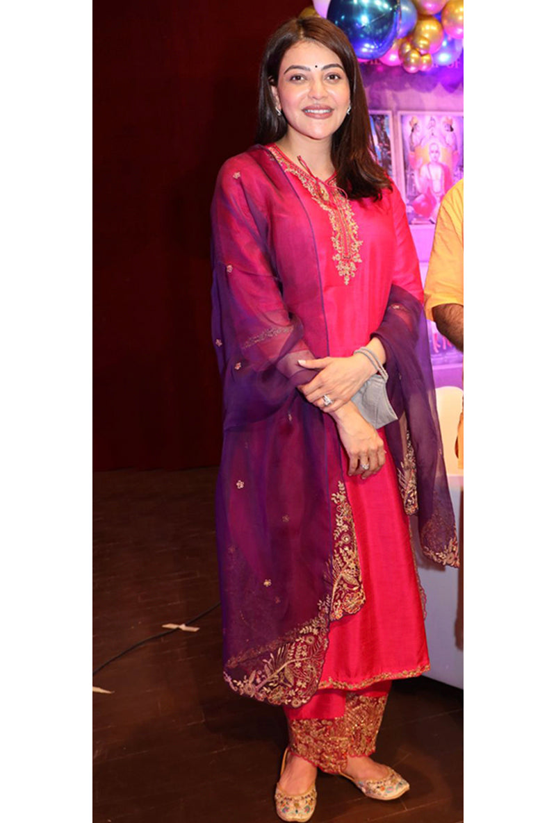 Kajal Aggarwal In Rani Pink Leaf Jaal Farshi Ulfat Kurta Set