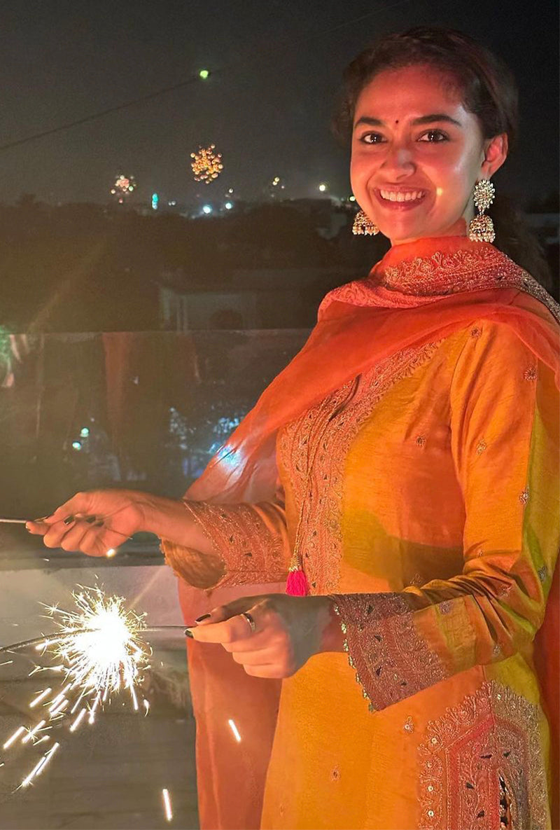 Keerthy Suresh In Mustard Heavy Marodi Long Ulfat Kurta Set