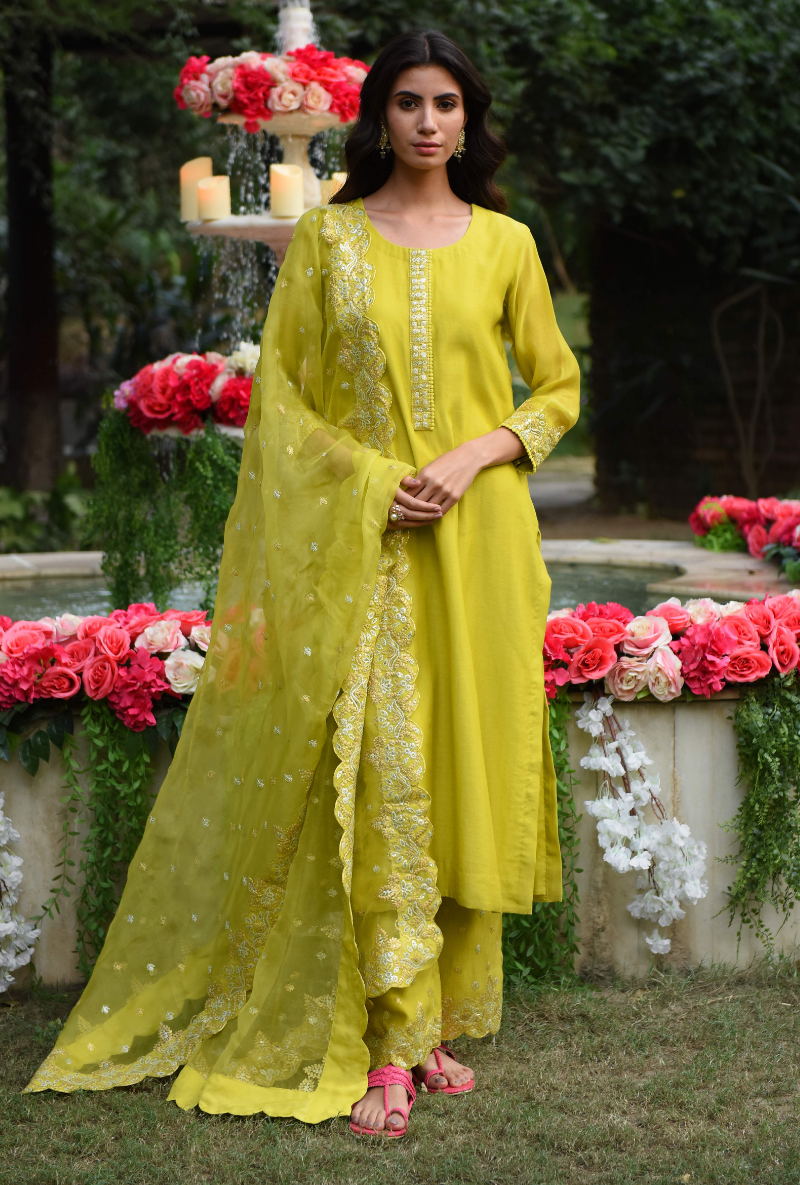 Lime Green Scallop Pitten Kurta Set