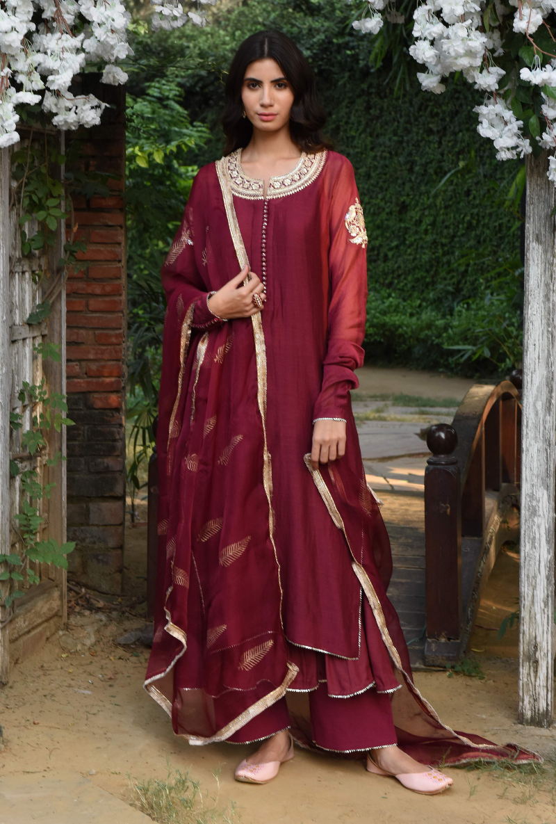 Maroon Bird Motif Kurta Set