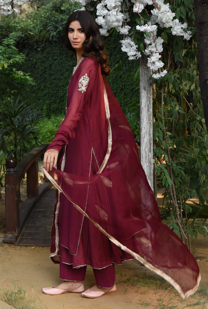 Maroon Bird Motif Kurta Set