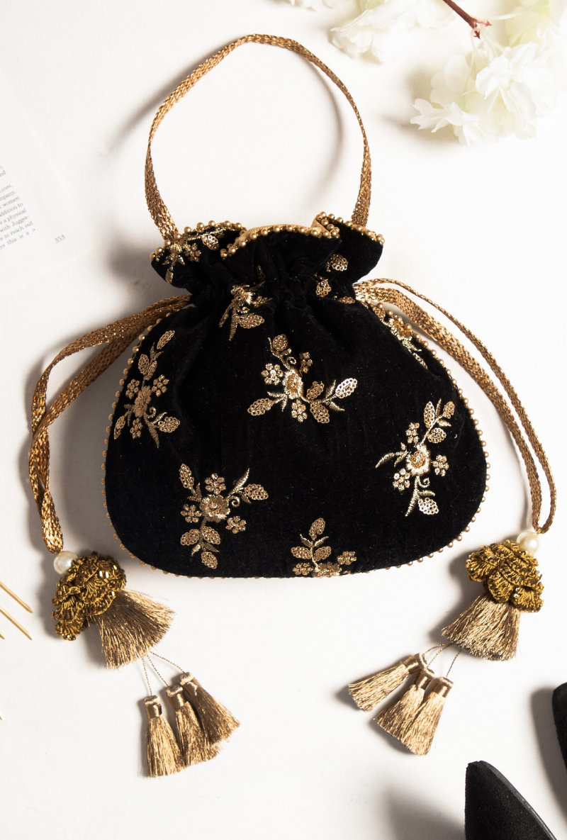 Black Velvet Embroidered Potli