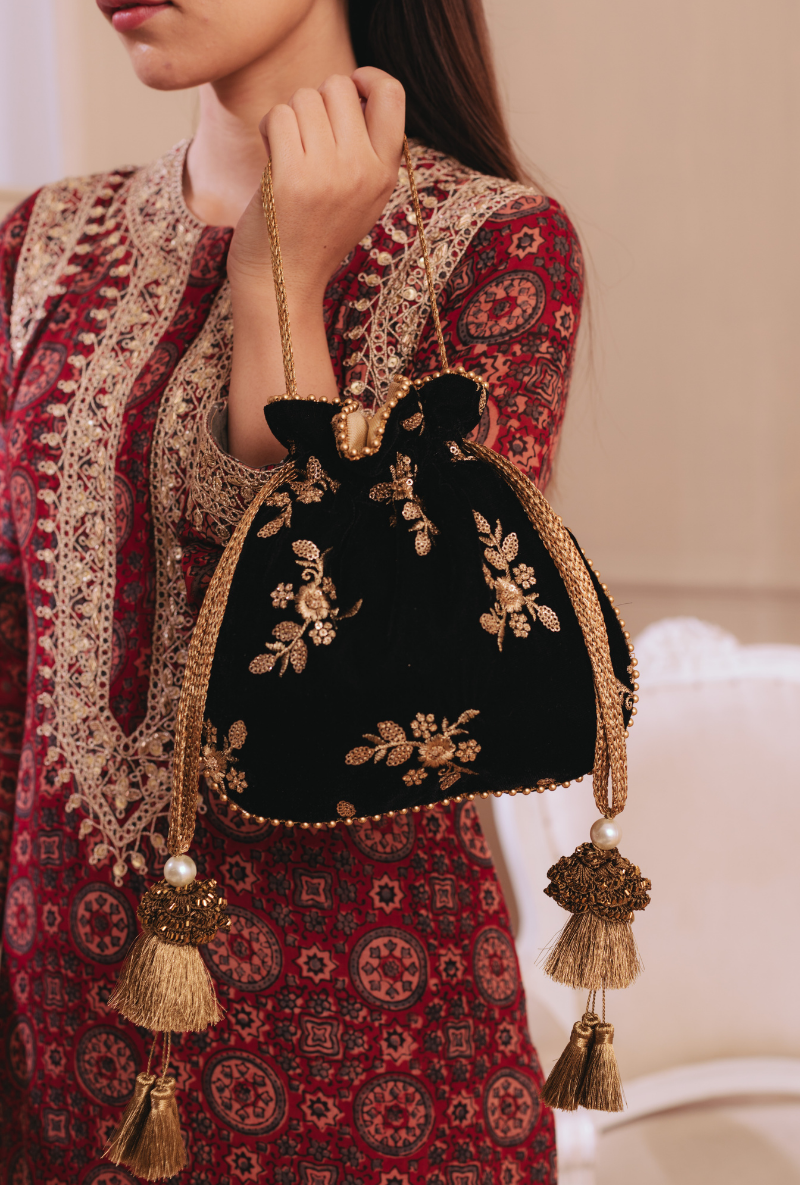 Black Velvet Embroidered Potli