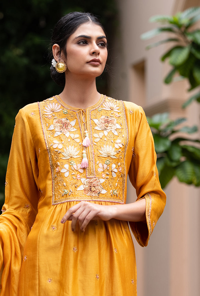 Mustard Applique Pleated Yoke Baano Kurta Set