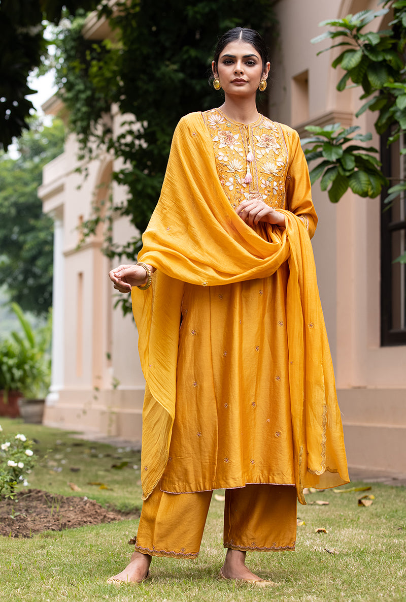 Mustard Applique Pleated Yoke Baano Kurta Set