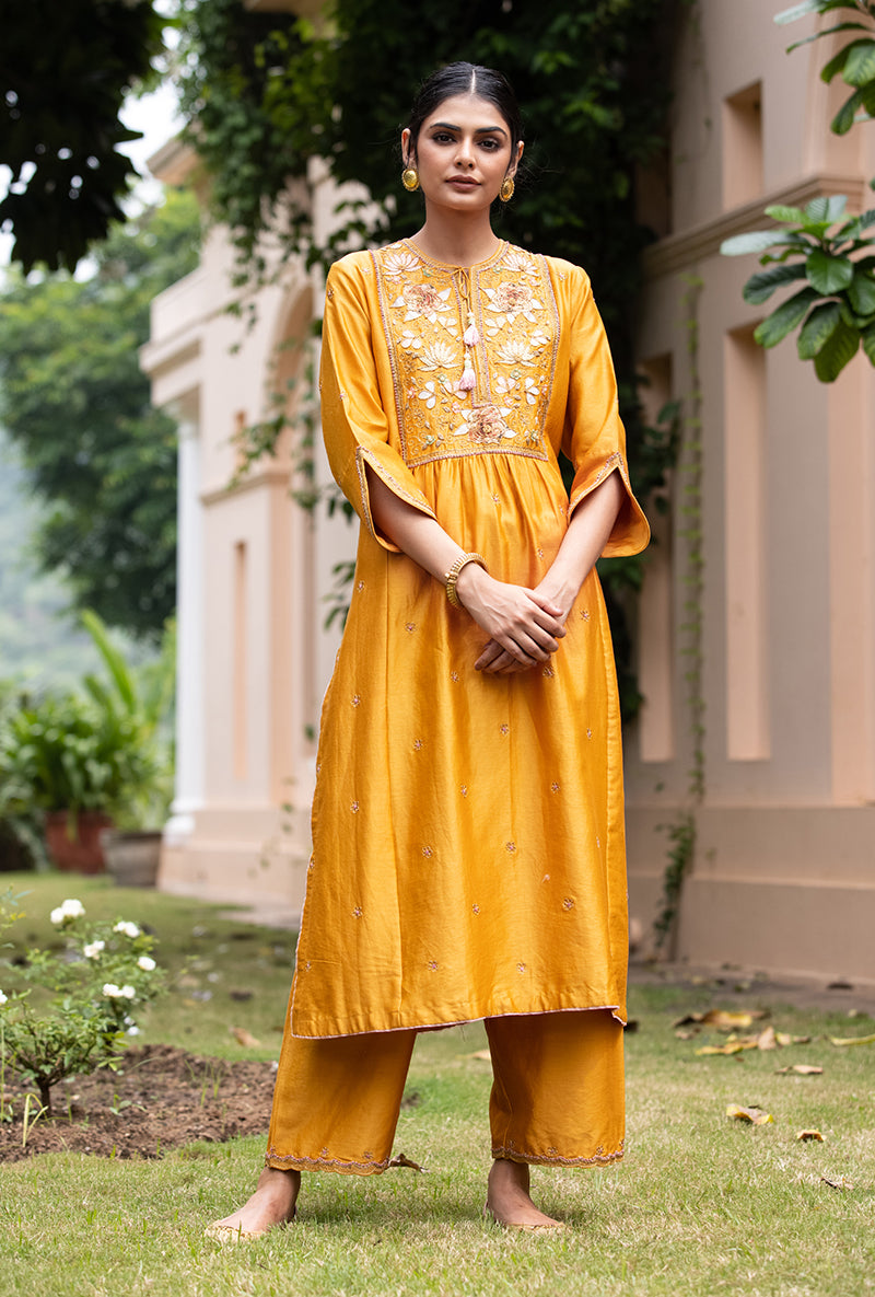 Mustard Applique Pleated Yoke Baano Kurta Set