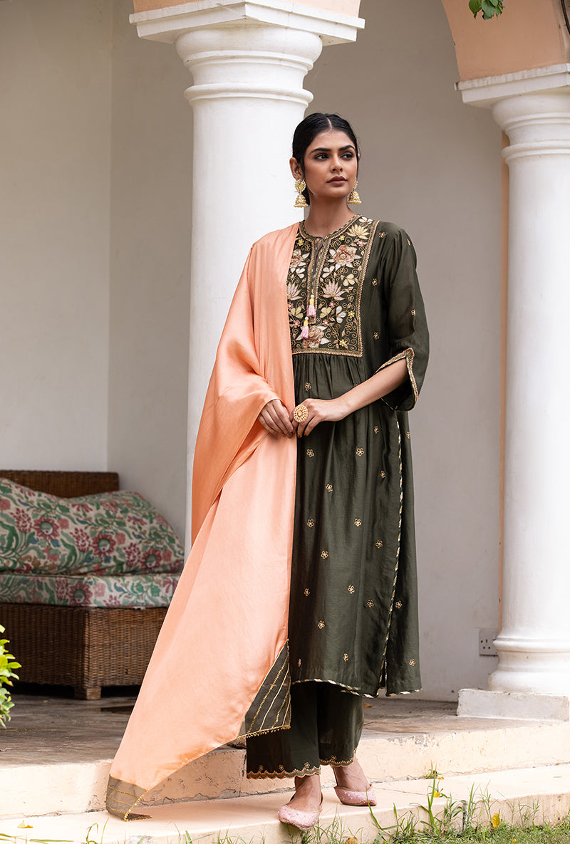 Olive Green Applique Pleated Yoke Baano Kurta Set