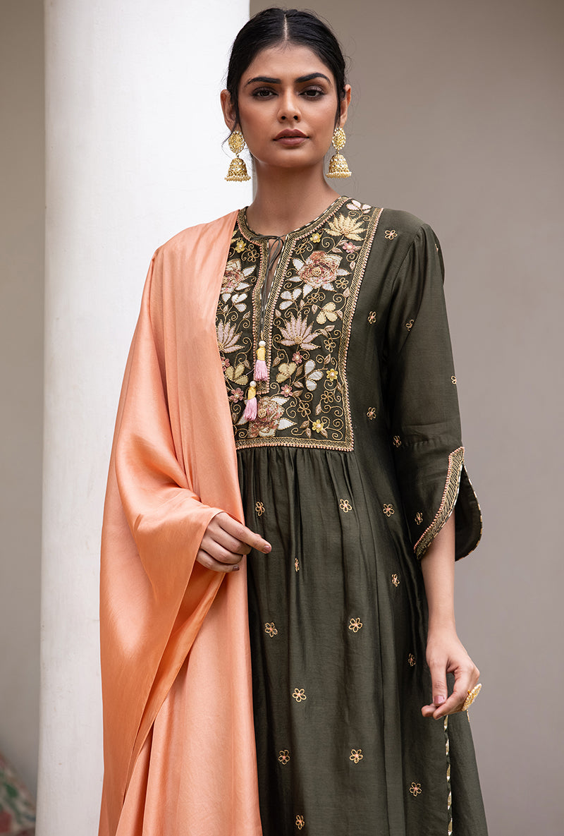 Olive Green Applique Pleated Yoke Baano Kurta Set