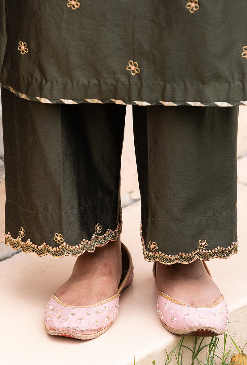 Olive Green Applique Pleated Yoke Baano Kurta Set