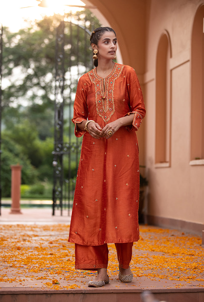 Orange Bandhgala Husna Kurta Set