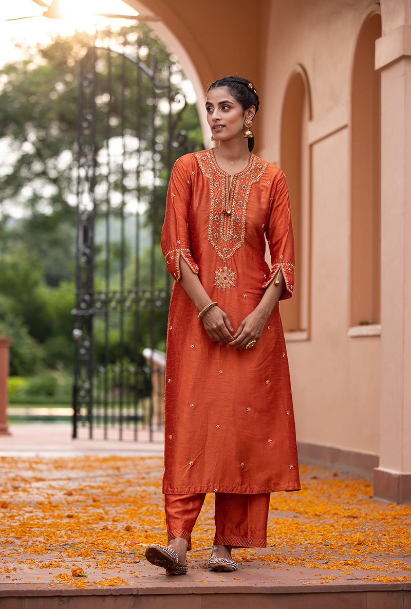 Orange Bandhgala Husna Kurta Set