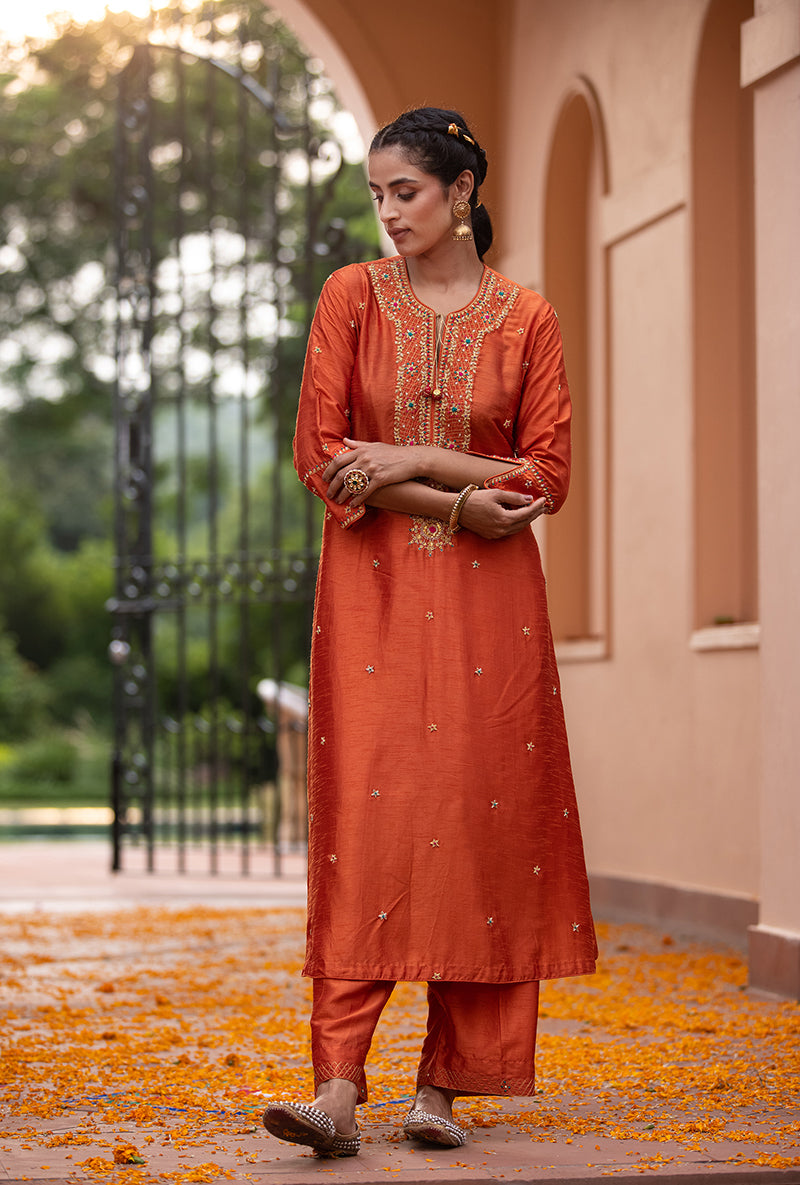 Orange Bandhgala Husna Kurta Set