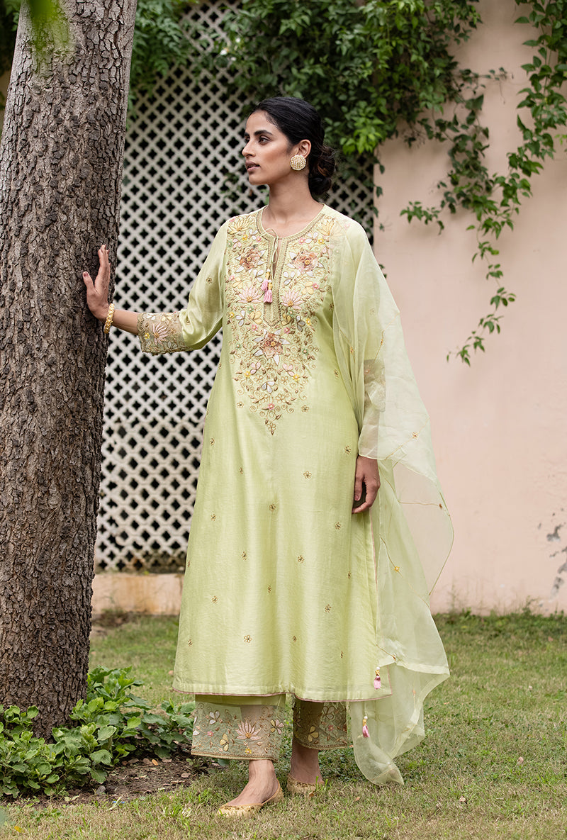 Pista Applique Heavy Baano Kurta Set