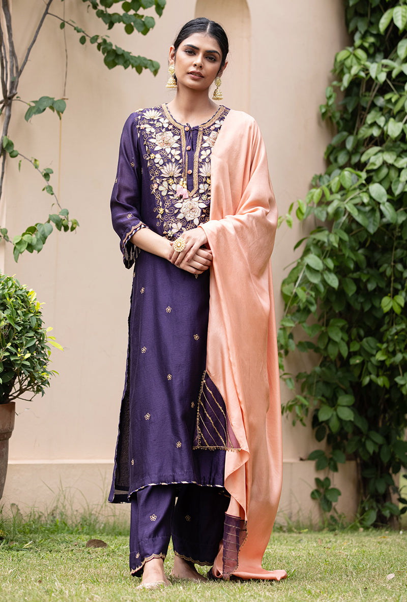 Purple Applique Classic Yoke Baano Kurta Set