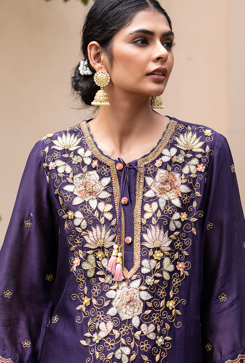Purple Applique Classic Yoke Baano Kurta Set