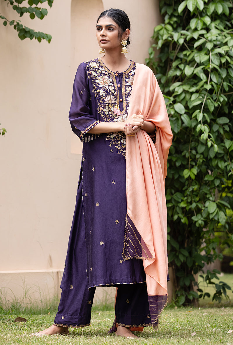 Purple Applique Classic Yoke Baano Kurta Set