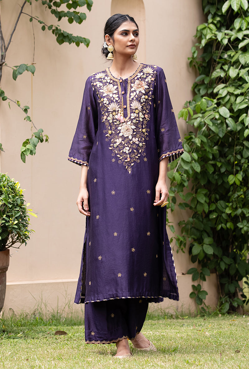 Purple Applique Classic Yoke Baano Kurta Set