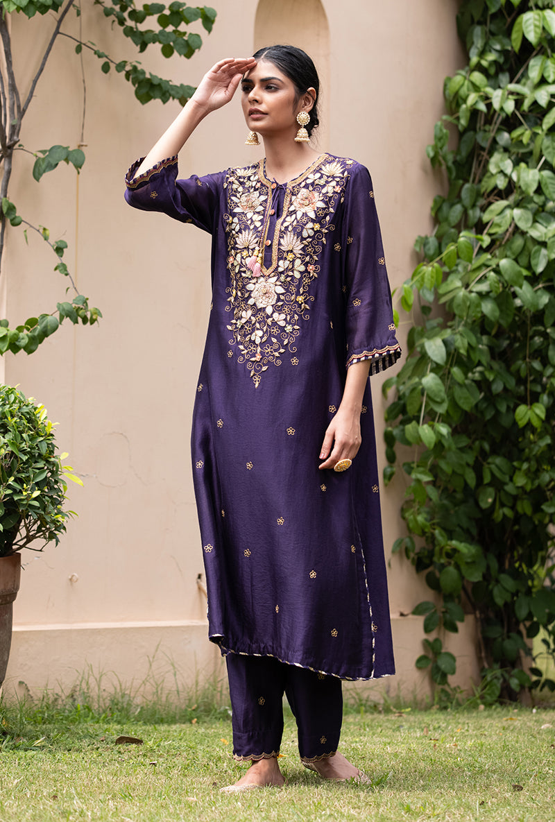 Purple Applique Classic Yoke Baano Kurta Set