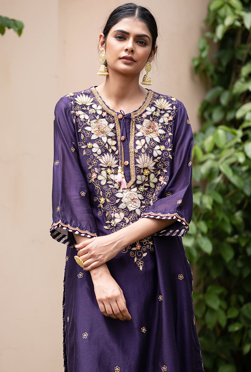 Purple Applique Classic Yoke Baano Kurta Set