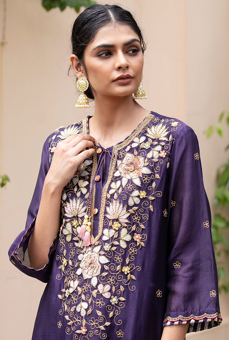 Purple Applique Classic Yoke Baano Kurta Set