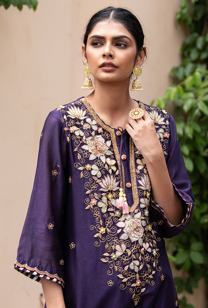 Purple Applique Classic Yoke Baano Kurta Set