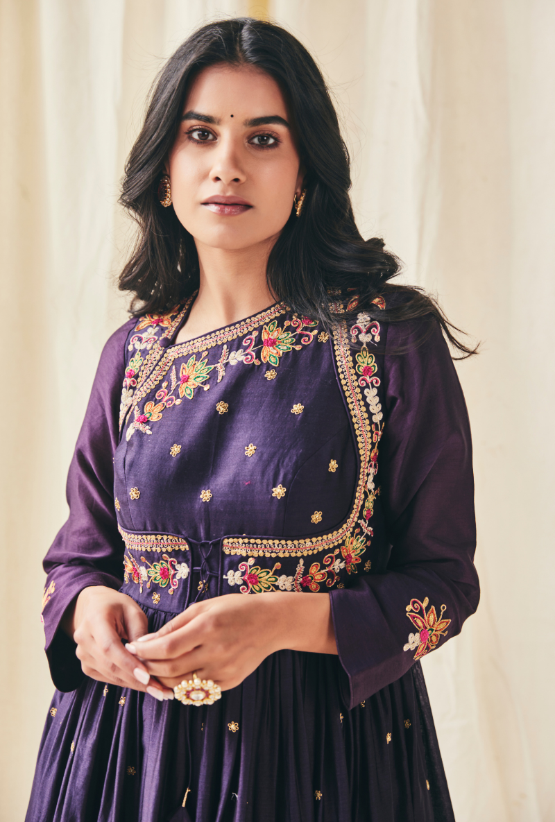 Purple Floral Yolk Meera Anarkali Set