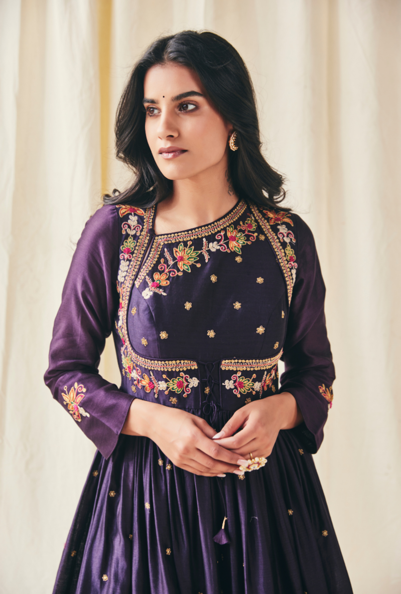 Purple Floral Yolk Meera Anarkali Set