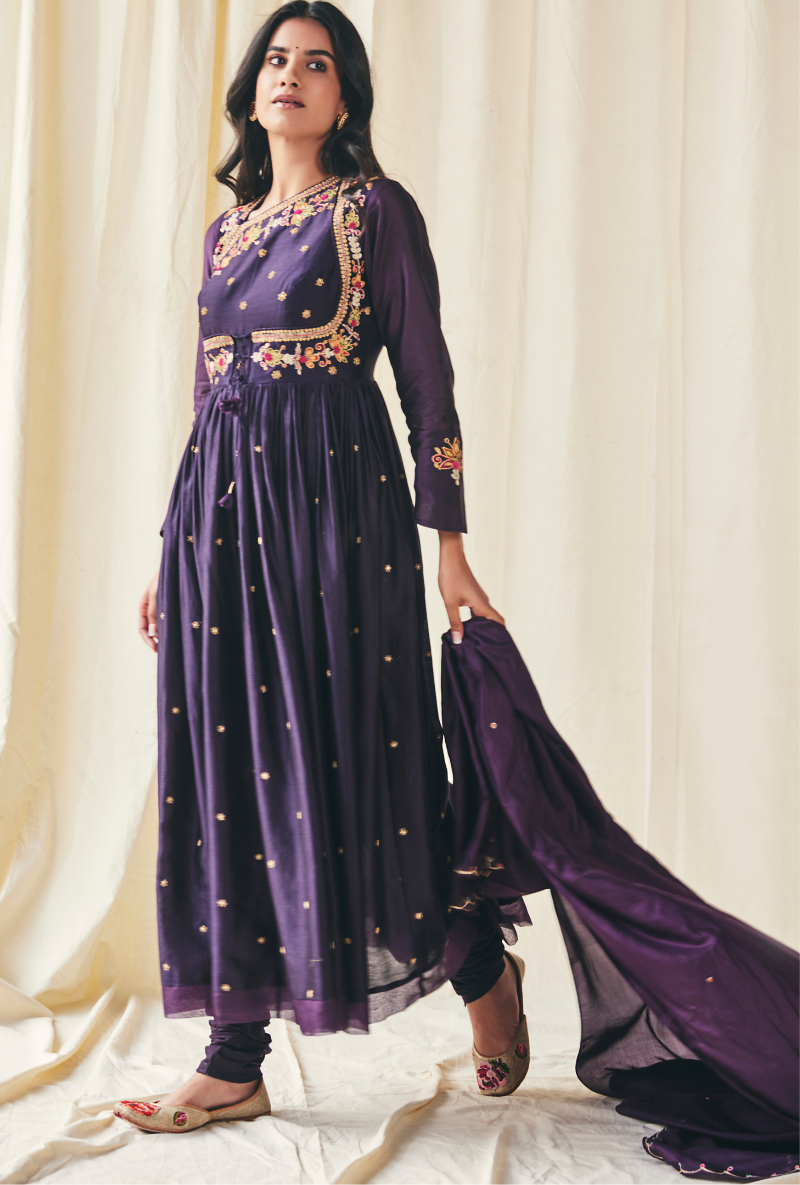 Purple Floral Yolk Meera Anarkali Set