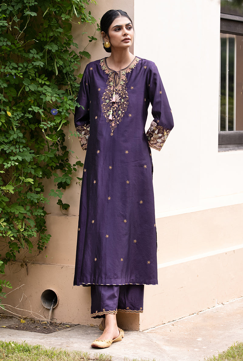 Purple Light Yoke Applique Baano Kurta Set