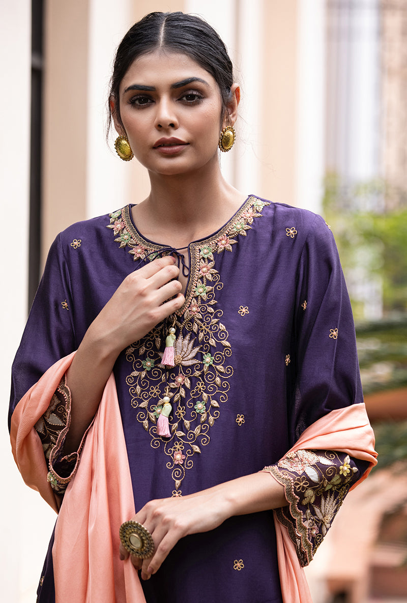 Purple Light Yoke Applique Baano Kurta Set