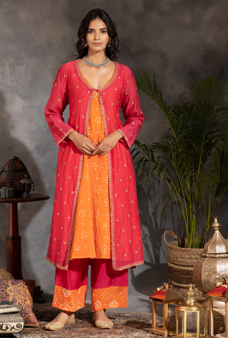 Saanjh 3 pc Rani Bandhej Jacket Set