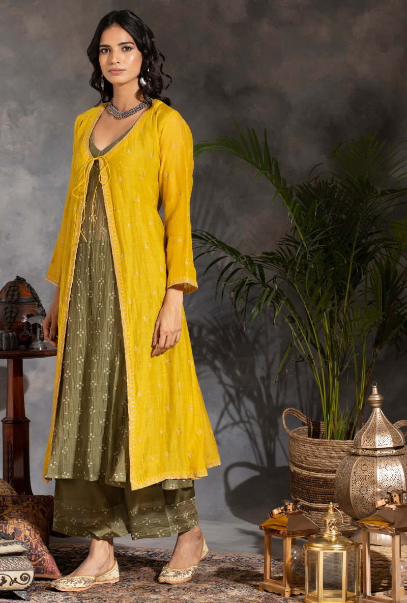 Saanjh 3 pc Yellow Bandhej Jacket Set