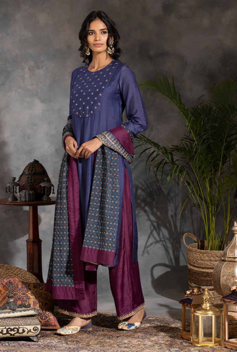 Saanjh Blue/Purple Sitara Yolk Kurta Set