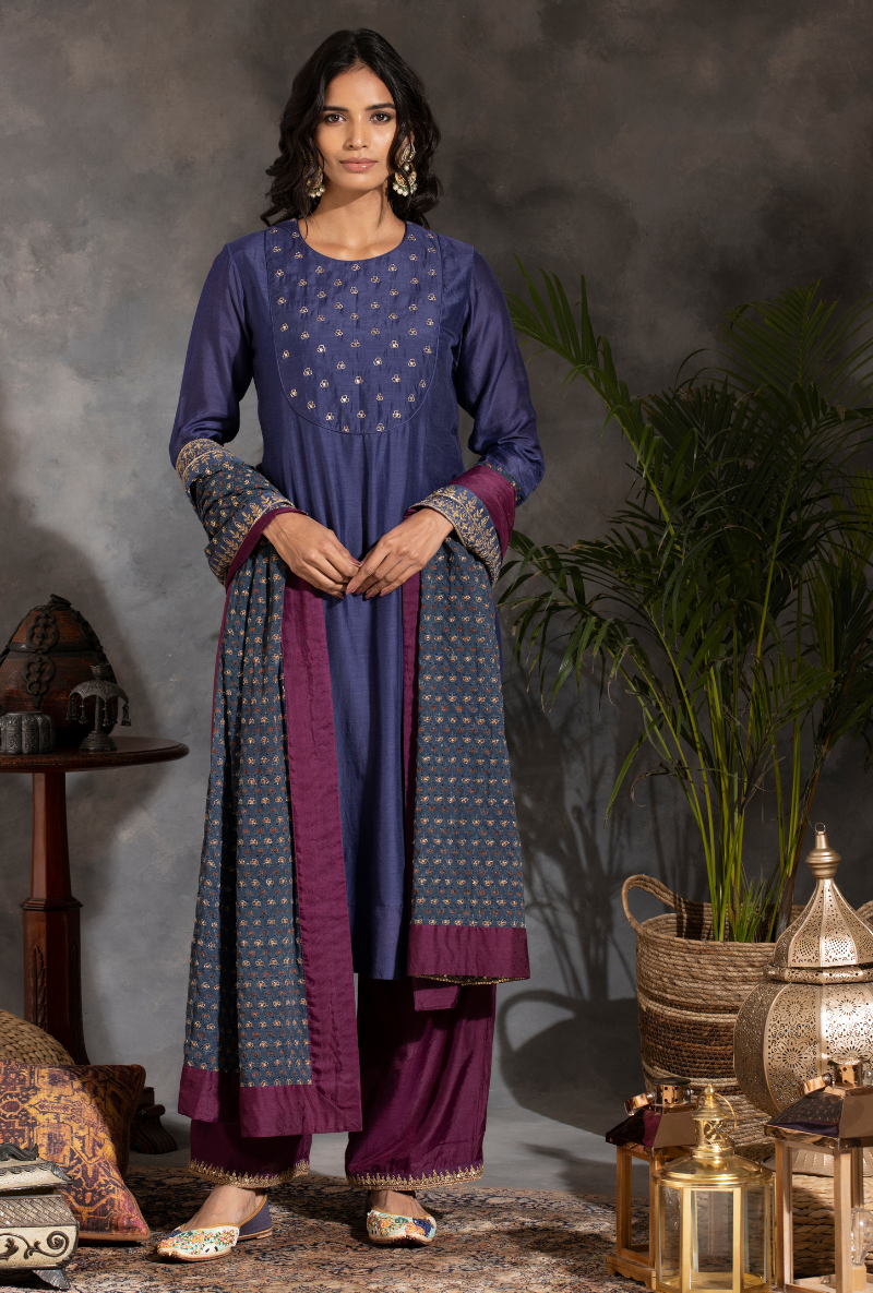 Saanjh Blue/Purple Sitara Yolk Kurta Set