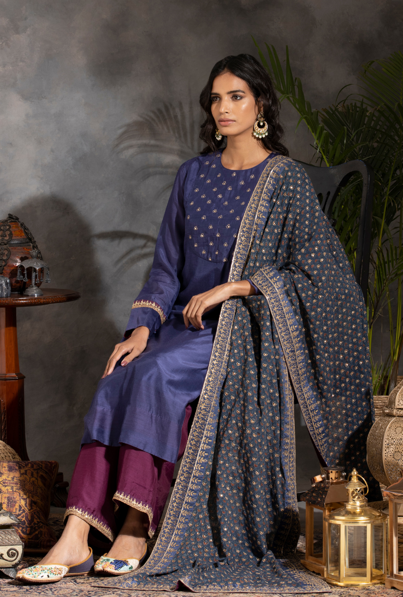 Saanjh Blue/Purple Sitara Yolk Kurta Set