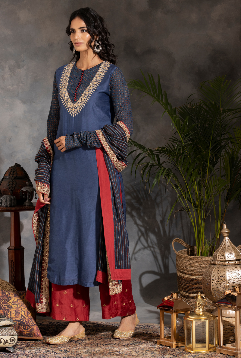 Saanjh Charcoal Red Navy Dori Kurta Set