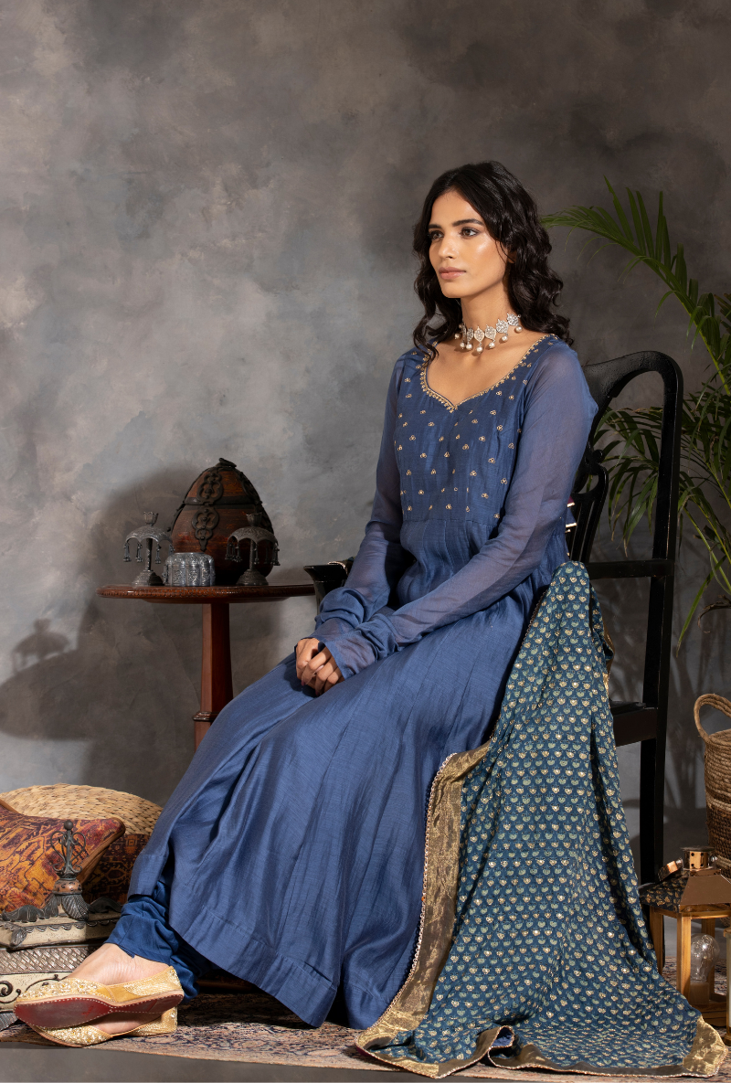 Zari and Sequin Enbroidered - Saanjh Ink Blue Anarkali Kurta Set