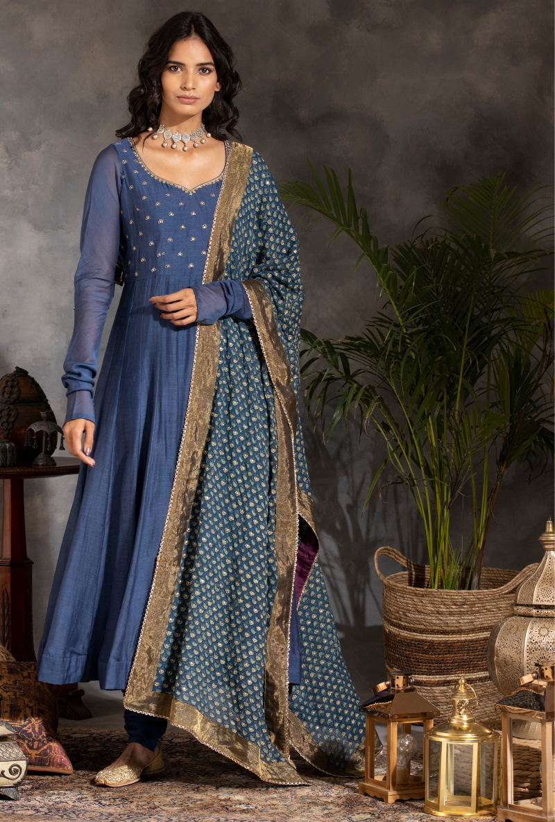 Zari and Sequin Enbroidered - Saanjh Ink Blue Anarkali Kurta Set